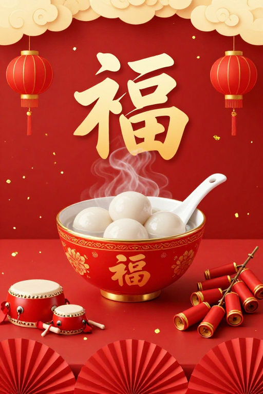 金碗汤圆福满人间:中式节庆团圆海报