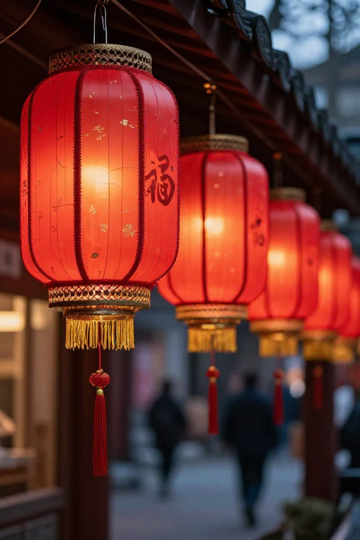 暖红灯笼夜景:传统中式节日光影艺术