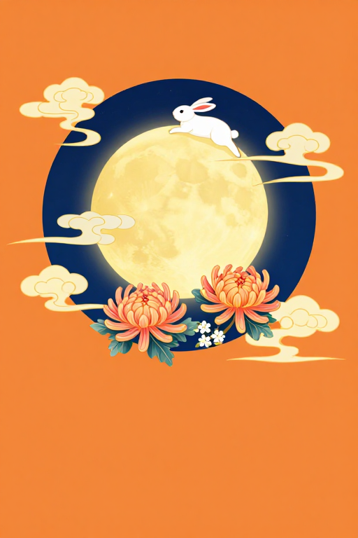新国风中秋插图：明月玉兔与祥云菊花