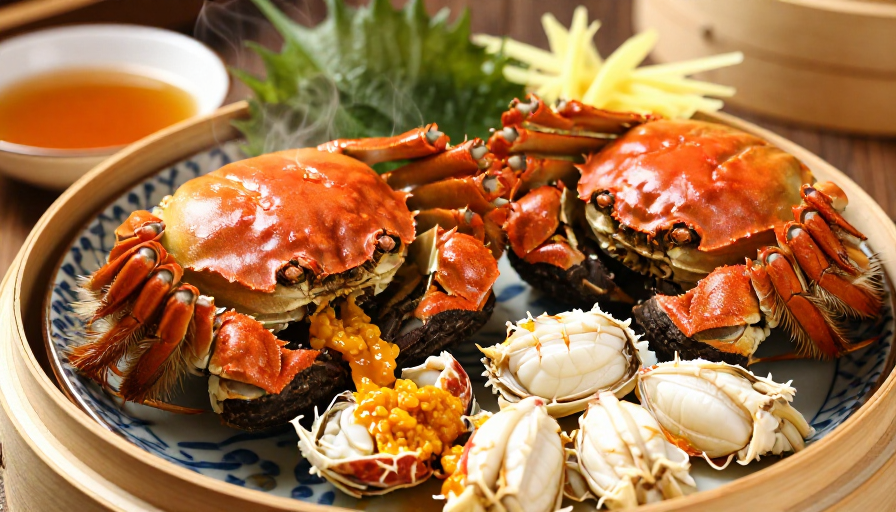 金黄流油大闸蟹特写:暖光下的极致美味