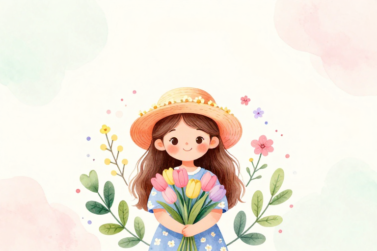 梦幻水彩少女与郁金香：清新春日治愈插画背景