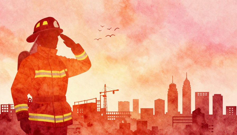 暖调水彩城市剪影:消防员敬礼的庄重艺术