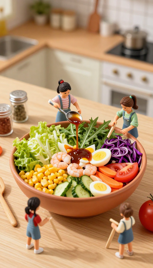 微缩厨房：小女孩协作制作美味蔬菜沙拉
