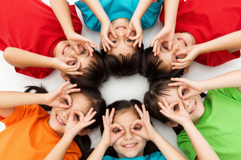 多元儿童欢笑瞬间：明亮色彩中的对称美学