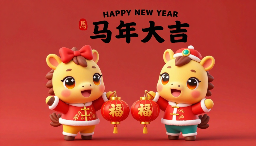 金童玉女马年吉祥卡通插画