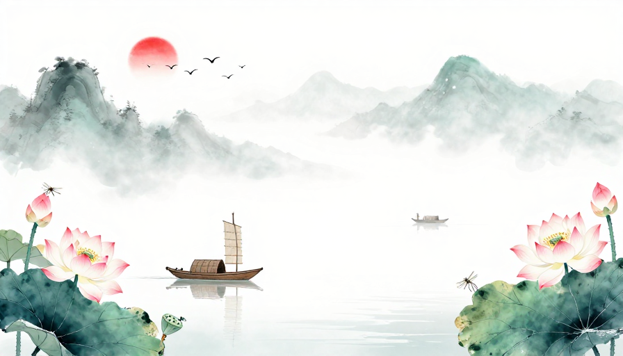 水墨山水意境:青灰山峦与粉白莲花的空灵画卷