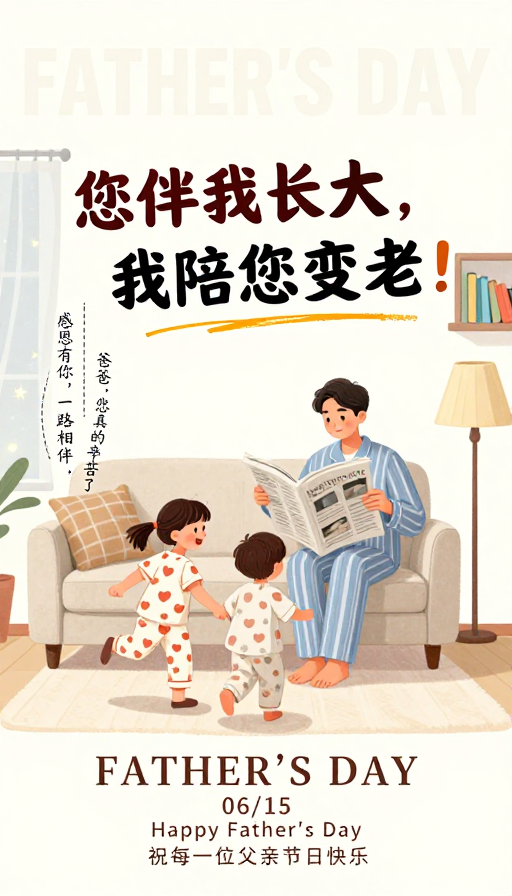 温馨父亲节手绘海报：父子亲情互动插画