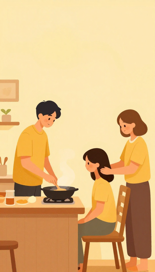 暖色扁平插画：黄衣男生宠妻日常温情画面