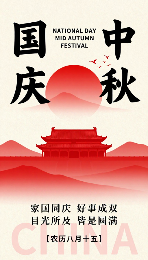 国庆中秋同庆 红黑中国风书法海报