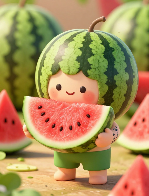 Q版西瓜拟人男孩：抱瓜甜蜜夏日插画