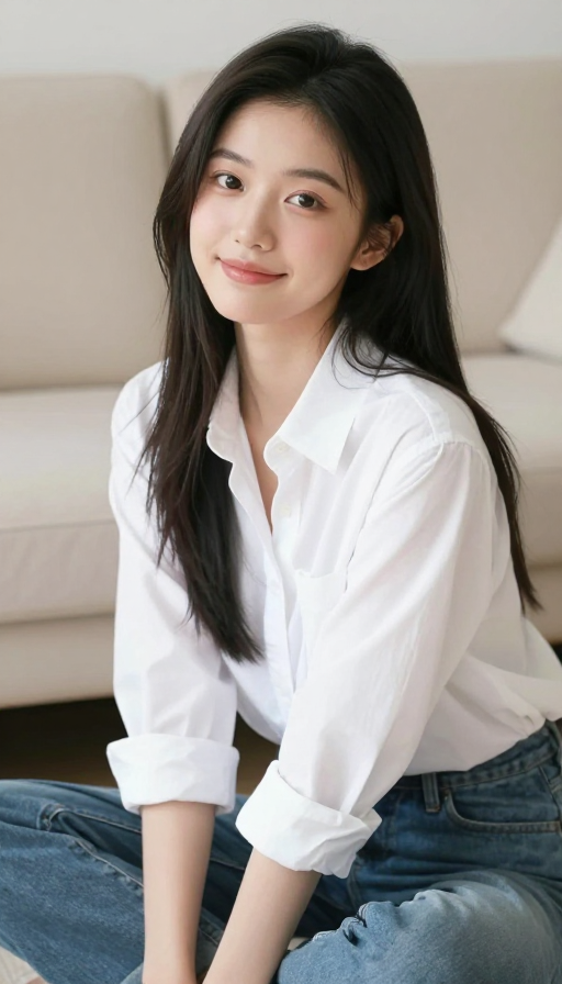 元气少女室内半蹲写真：清新自然风人像摄影