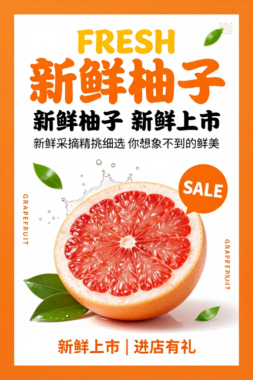 橙红鲜柚活力上市，清新诱人促销海报