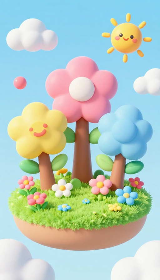 梦幻粉彩童话花园：卡通树木与彩色花朵