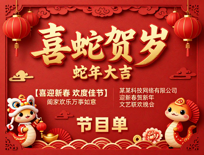 红金剪纸浮雕蛇年新春海报