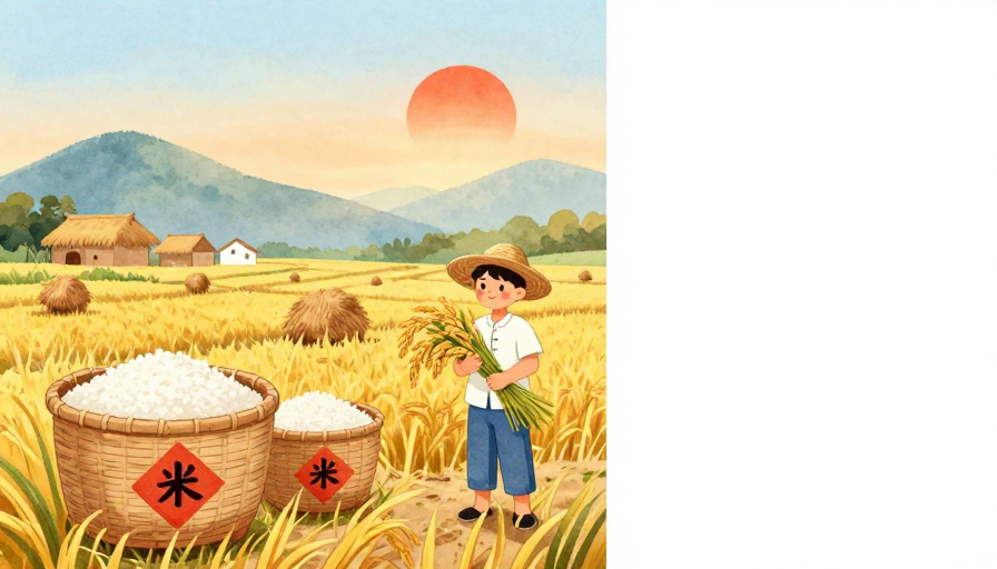 水彩乡村丰收插画：暖黄稻田与米筐秋收场景
