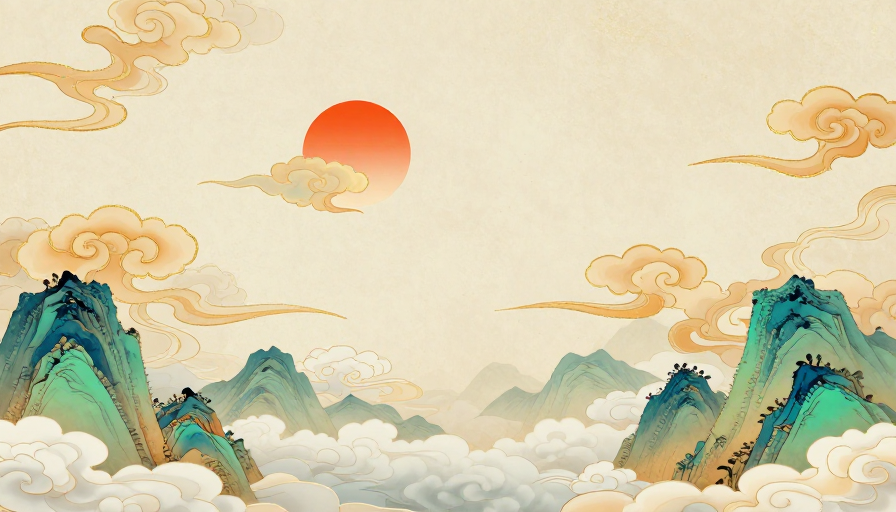 古典云纹山水：橙日祥云与青绿叠韵的宋代宫廷风装饰底纹