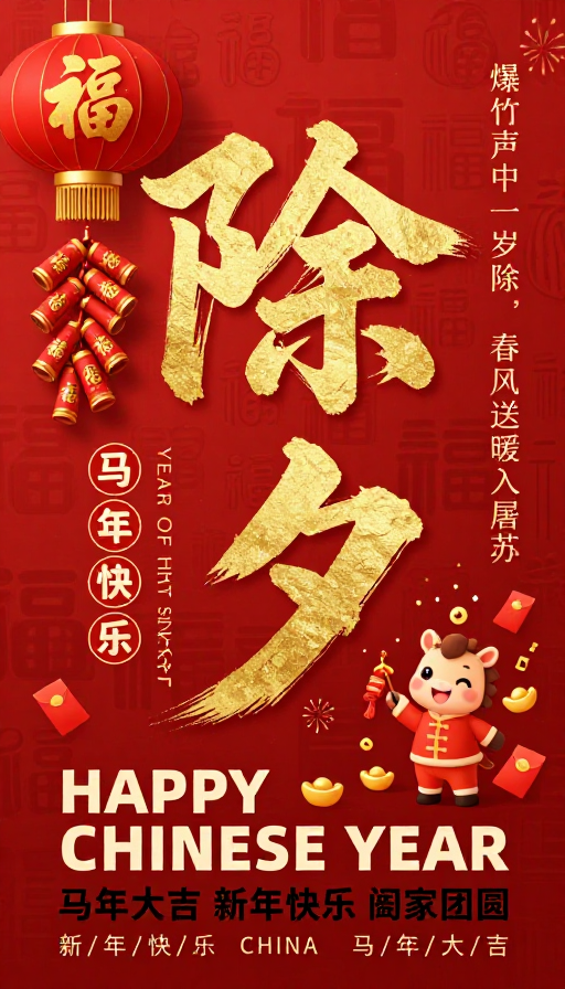 金笔书法除夕·马年新春插画海报