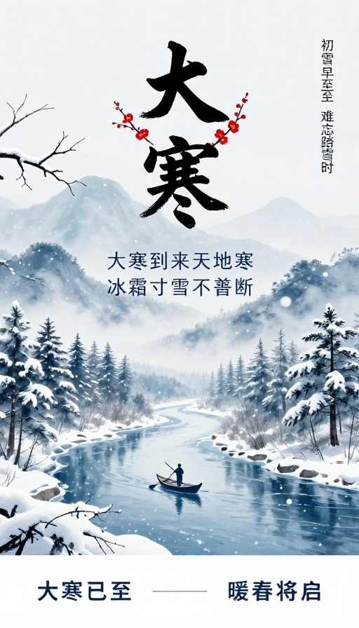大寒水墨雪景诗意图：清冷静谧的中国风节气海报