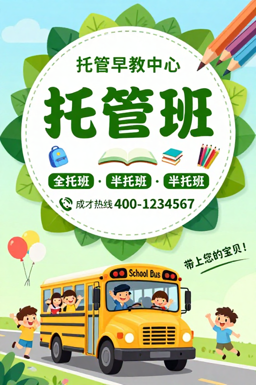 清新蓝绿童趣风，早教托管班招生宣传海报