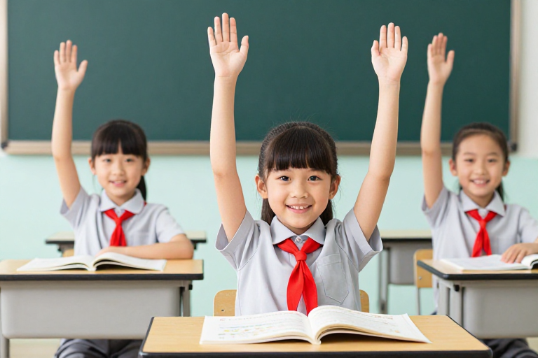 阳光下的亚洲小学生课堂瞬间