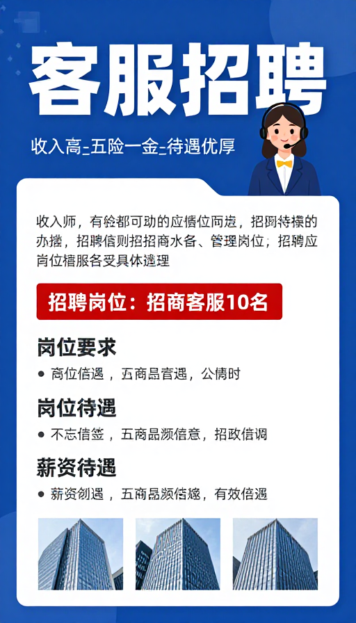 蓝色现代风客服招聘海报:高薪优待遇