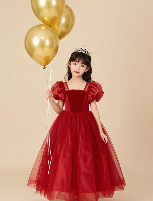 小女孩生日写真：红金公主裙与金色气球的梦幻时刻