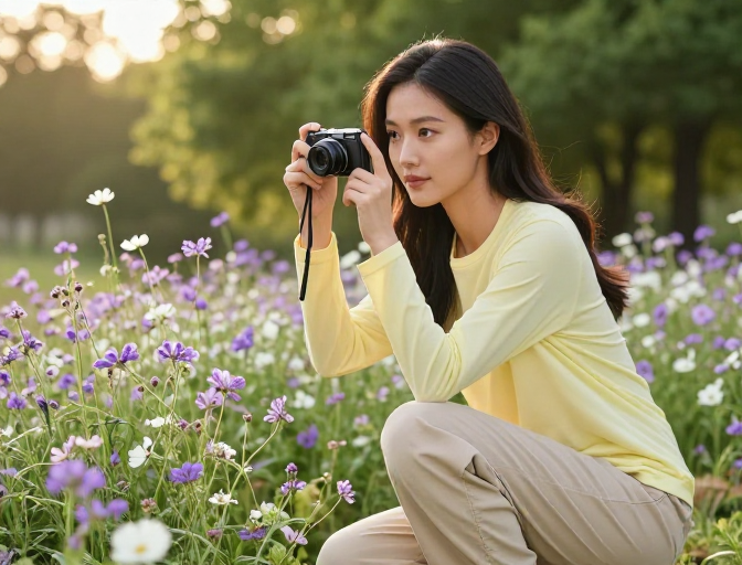 紫白花丛中专注的亚洲女摄影师