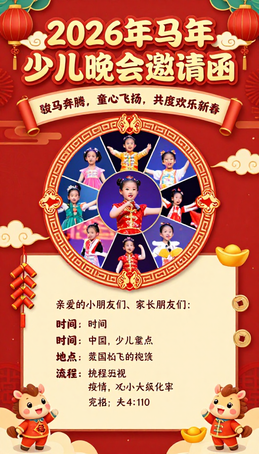 2026马年少儿晚会邀请：喜庆中国风海报