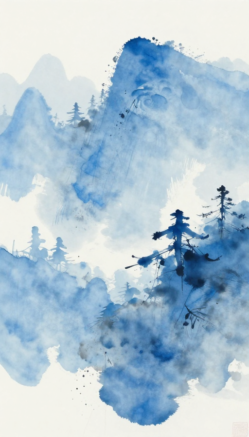 国风泼墨水彩晕染的极简山林远景