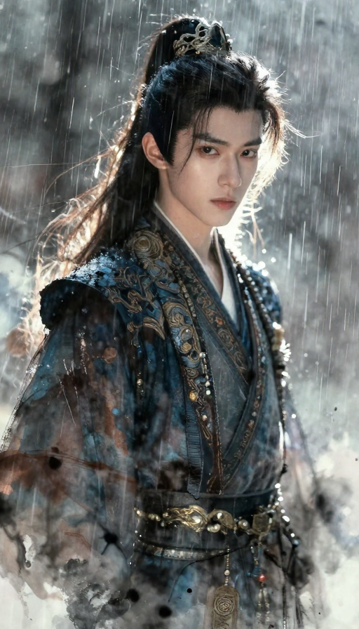 水墨少年雨幕中回眸：冷调意境特写