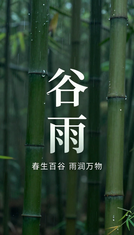 谷雨立体文字海报：雨滴露珠点缀竹林留白意境