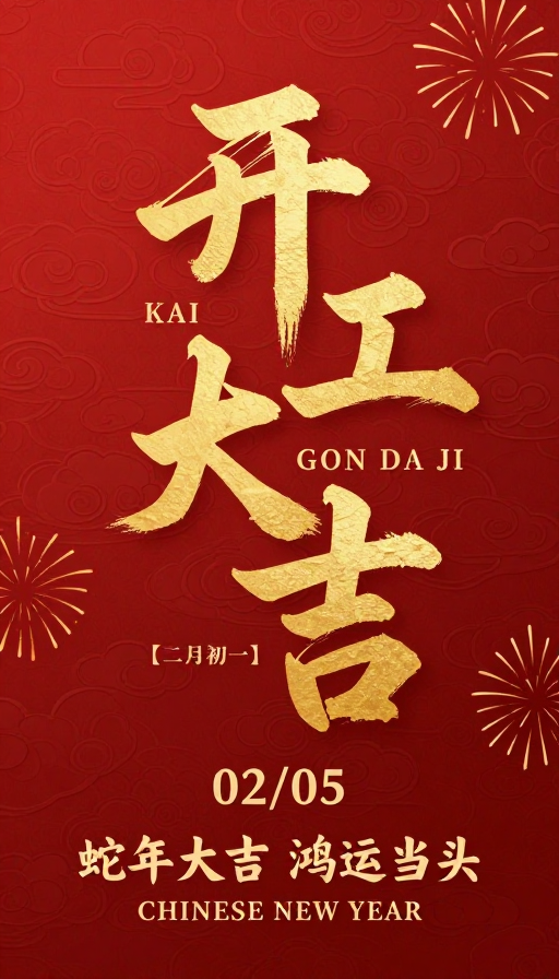 蛇年开工大吉 金色书法红金海报
