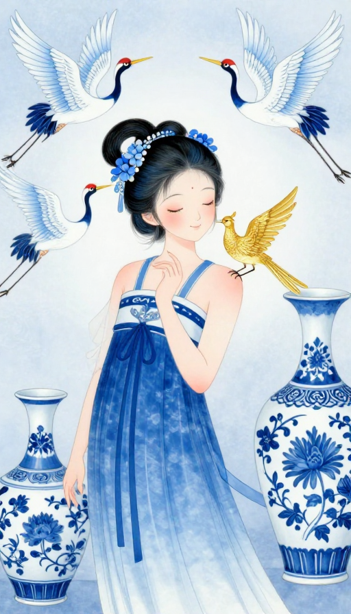青花瓷韵:水墨少女与仙鹤雀鸟的宁静中国风插画