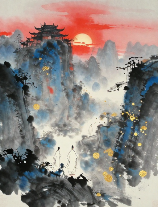 晨雾古寺：水墨写意中的幽蓝禅境