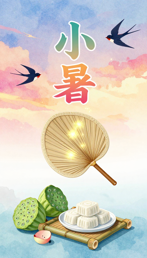 清新手绘小暑节气海报：剪纸艺术字与夏日清凉意象