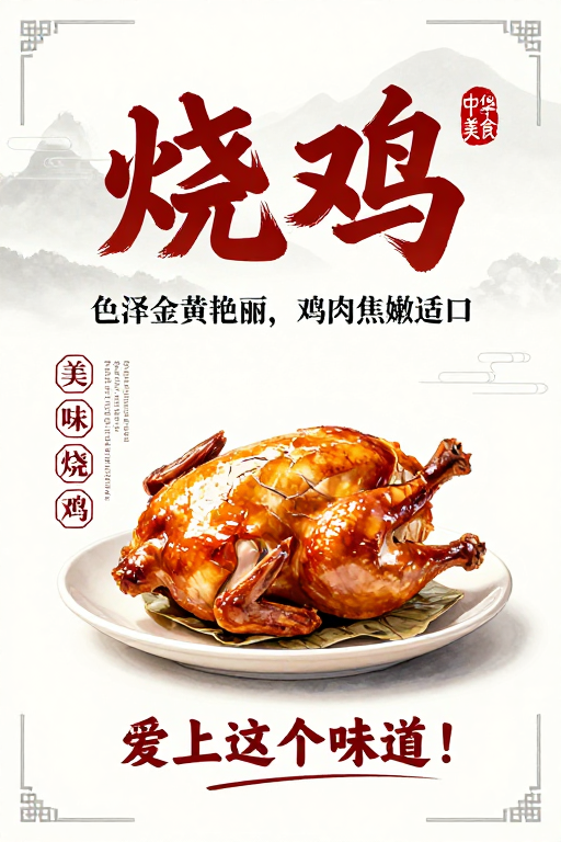 中式烧鸡水墨风美食海报