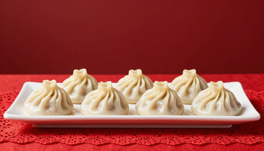 精致小笼包特写：红色桌布上的美味呈现