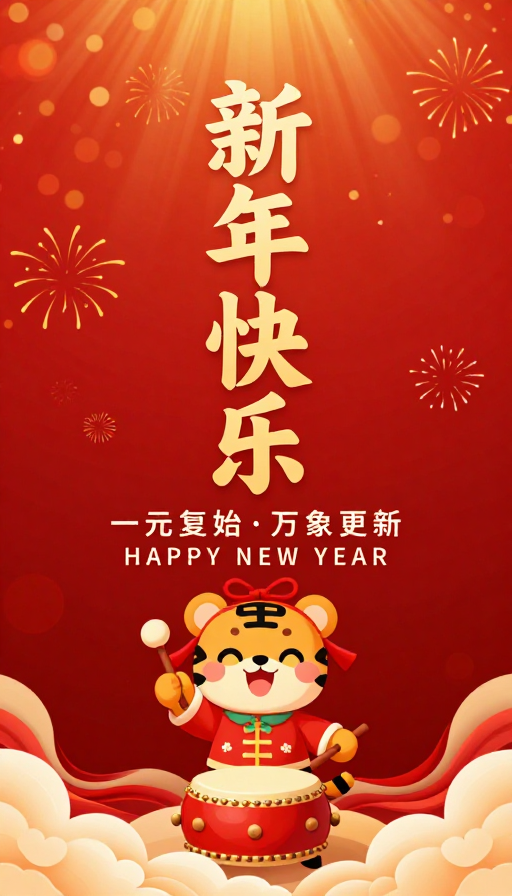 喜庆中国风新年海报设计，黄金字体与卡通虎元素