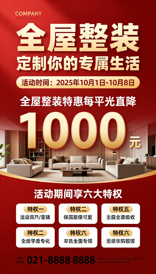红金质感高端促销海报:全屋整装专属优惠