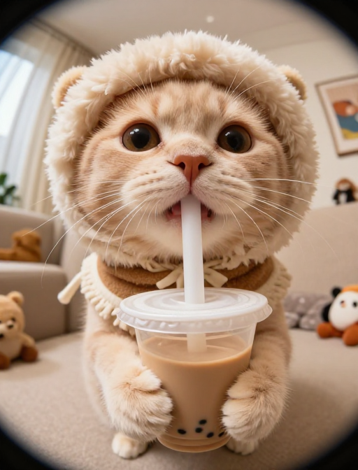 暖光圆胖小奶猫奶茶特写