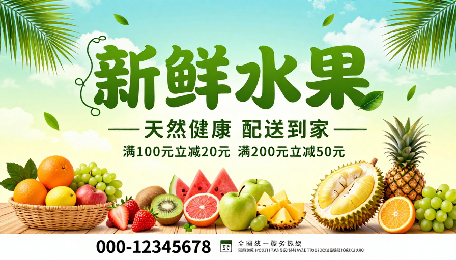 清新夏日水果促销海报，天然健康美味直达家