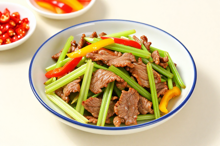 精致家常美味:芹菜炒肉片俯拍摄影