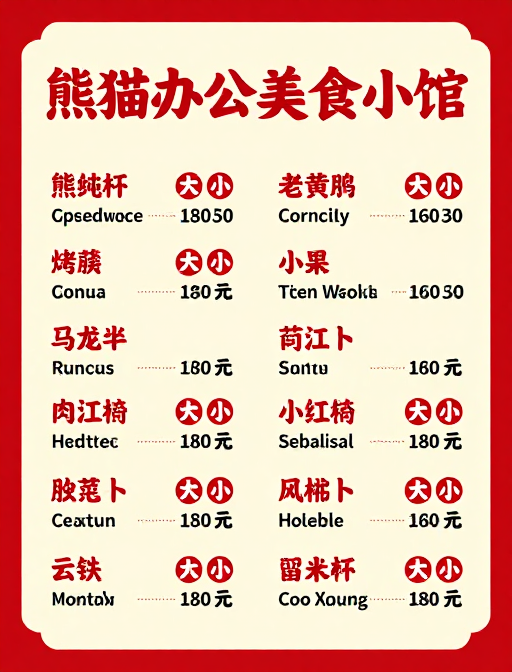 熊猫办公美食小馆菜单:中式暖色价格表