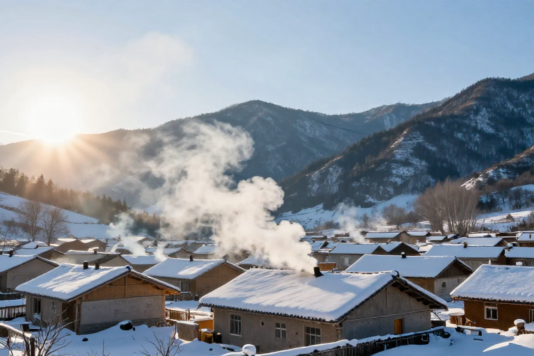 雪村炊烟映暖阳，静谧山居画卷
