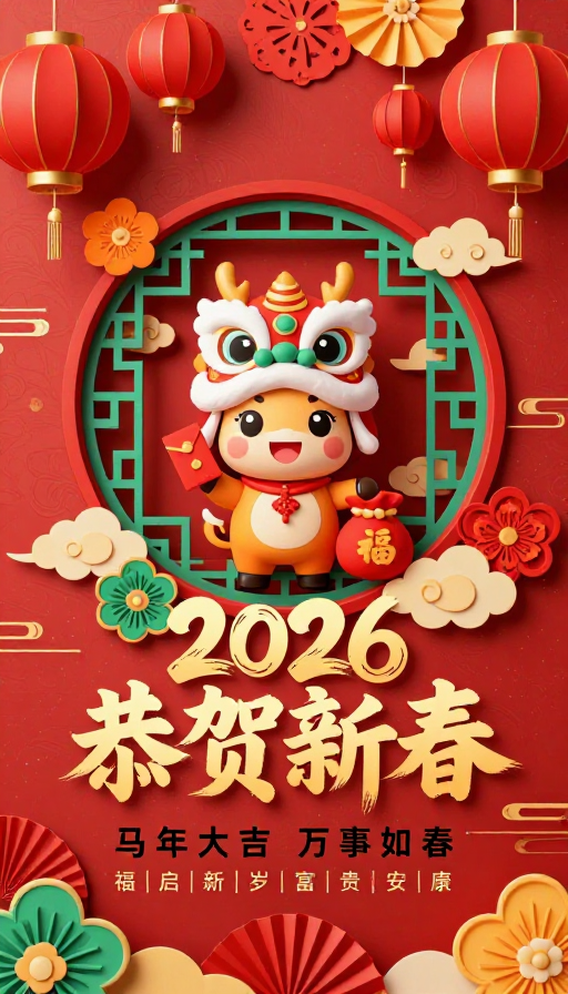 2026新年喜庆海报：红金立体剪纸卡通马吉祥图