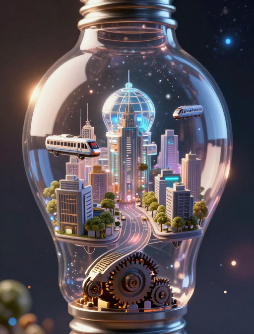 透明灯泡中的未来微型城市：超现实科幻光影