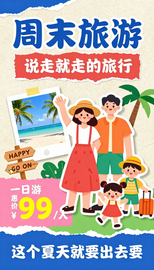 夏日手撕纸拼贴海报:周末旅行童趣号召