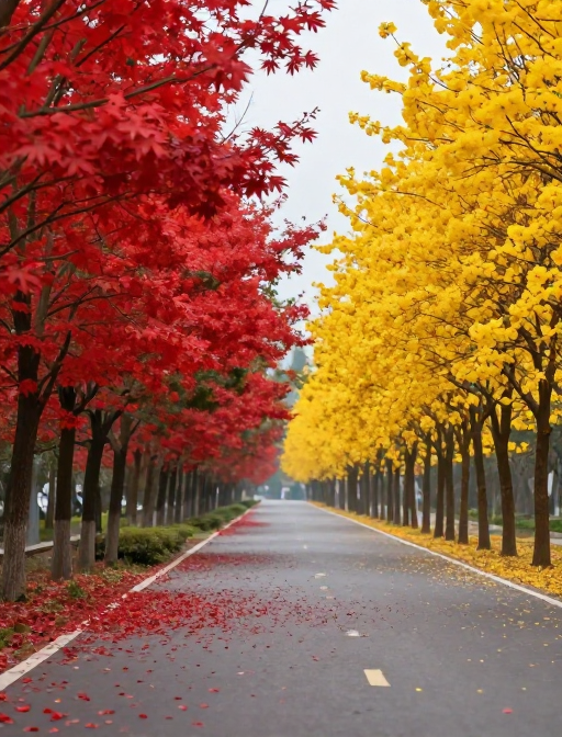 秋日梦幻公路：红枫黄银杏交织的花瓣秘境