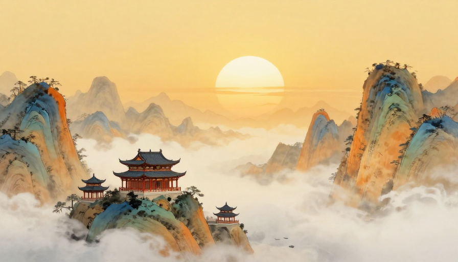 中国风山水：暖金黄昏下的双日奇观与云间楼阁