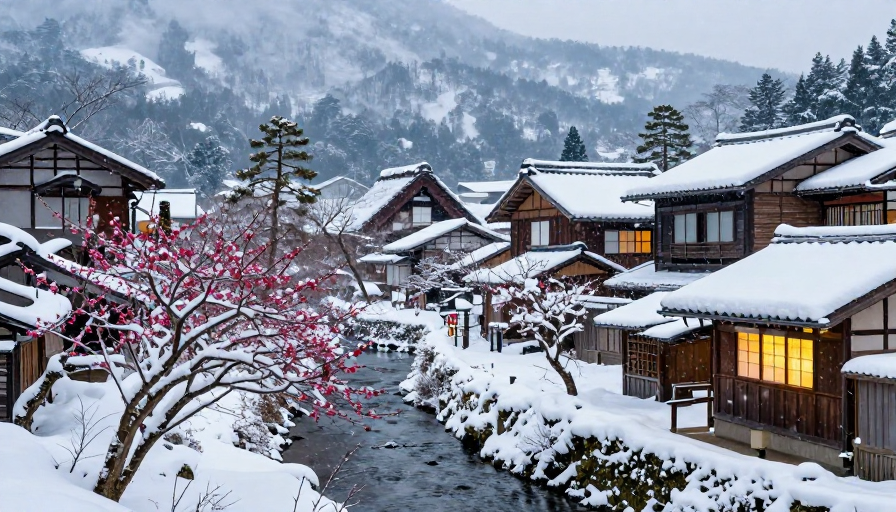 雪拥古村：暖光映透的冬日日式风光摄影